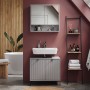 Grauer Vicco Waschbeckenunterschrank Eliza (70 cm) mit Türen und Schublade im Badezimmer.
