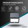 Schwarze LUXULA LED Solar Wandleuchte mit Bewegungsmelder und separatem Solarpanel.