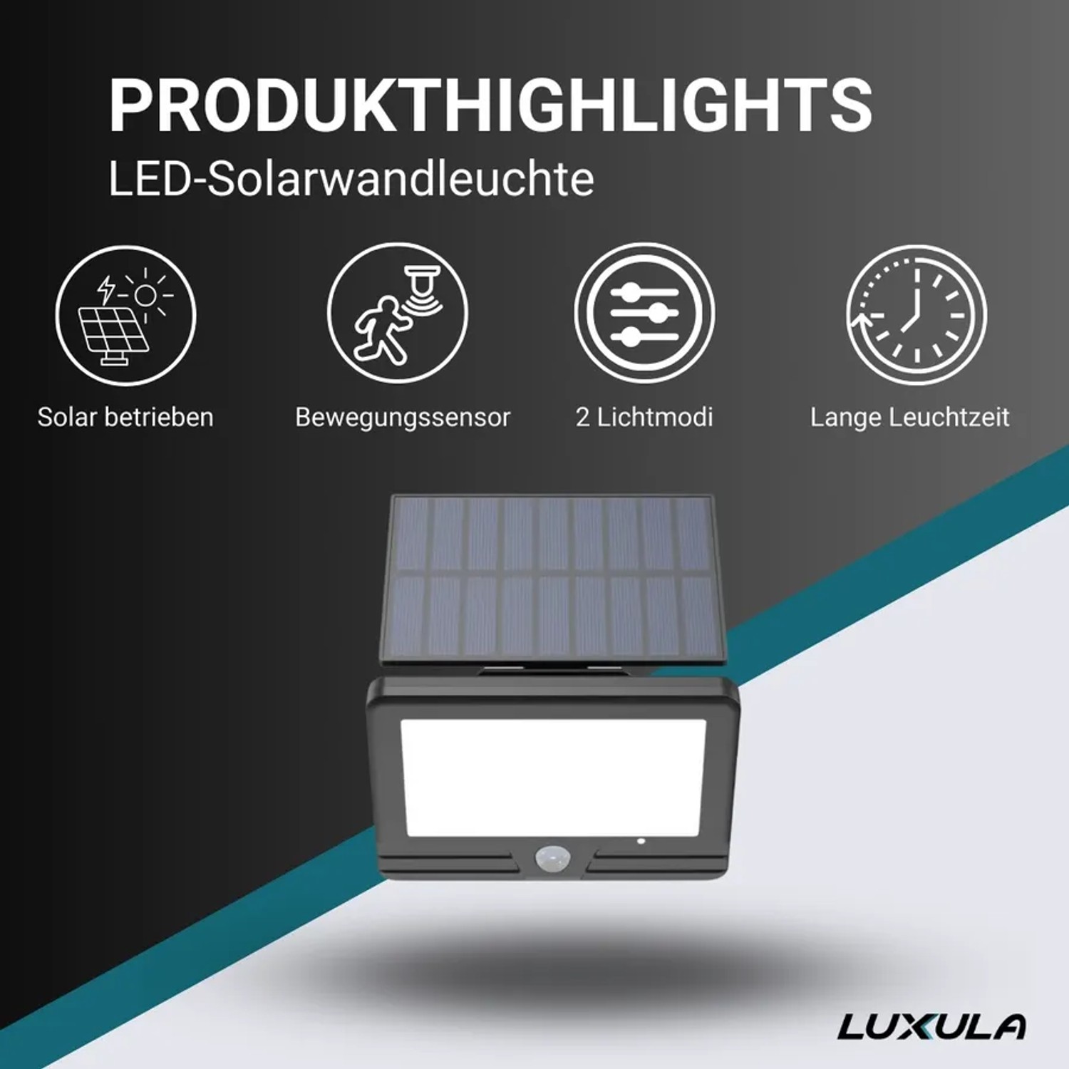 Schwarze LUXULA LED Solar Wandleuchte mit Bewegungsmelder und separatem Solarpanel.