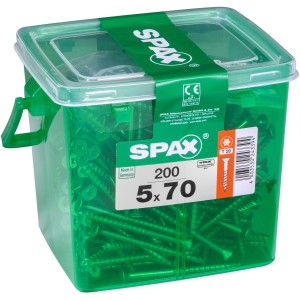 Spax Universalschrauben 5x70 mm, 200 Stück im grünen Behälter.