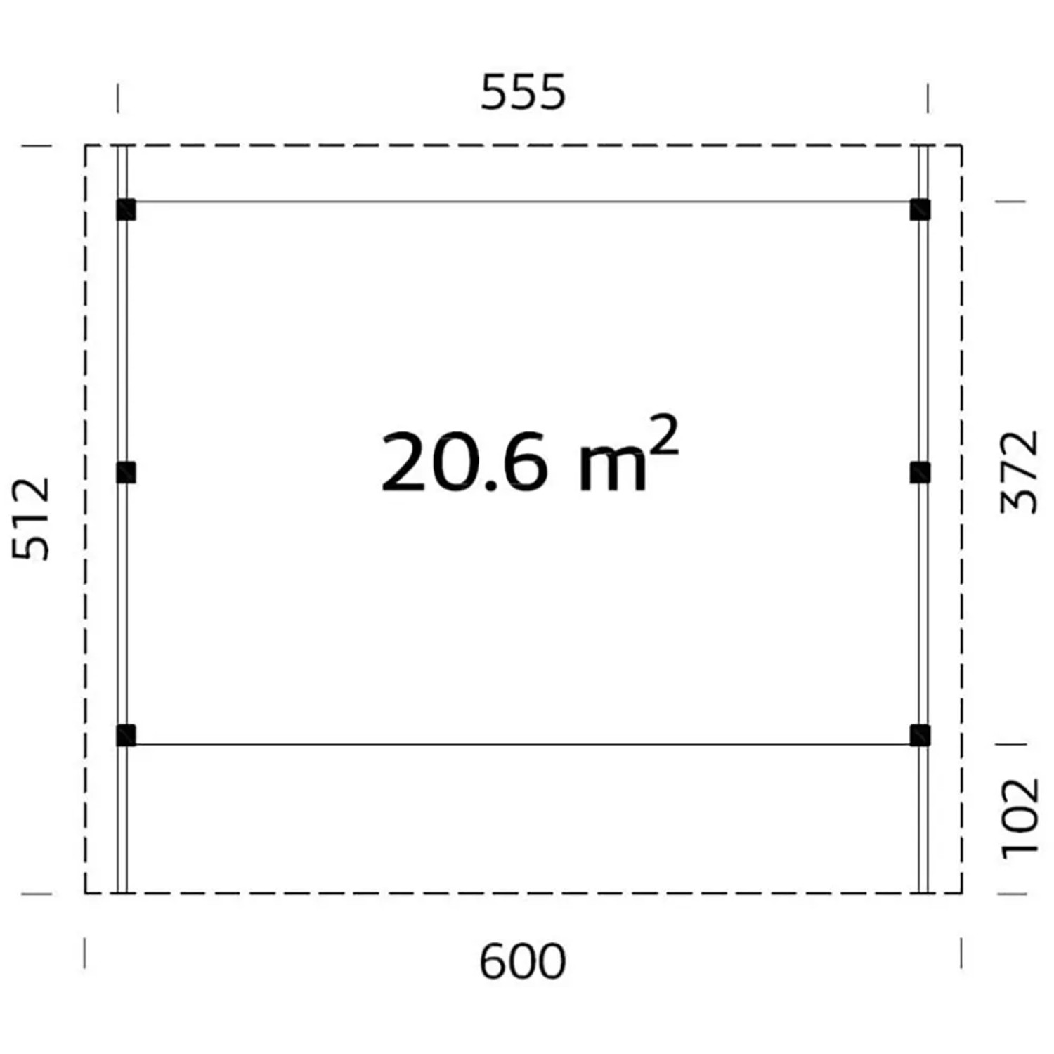 Grundriss Palmako Flachdach-Doppelcarport Karl, 600x512 cm, Holz-Carport mit Maßangaben.