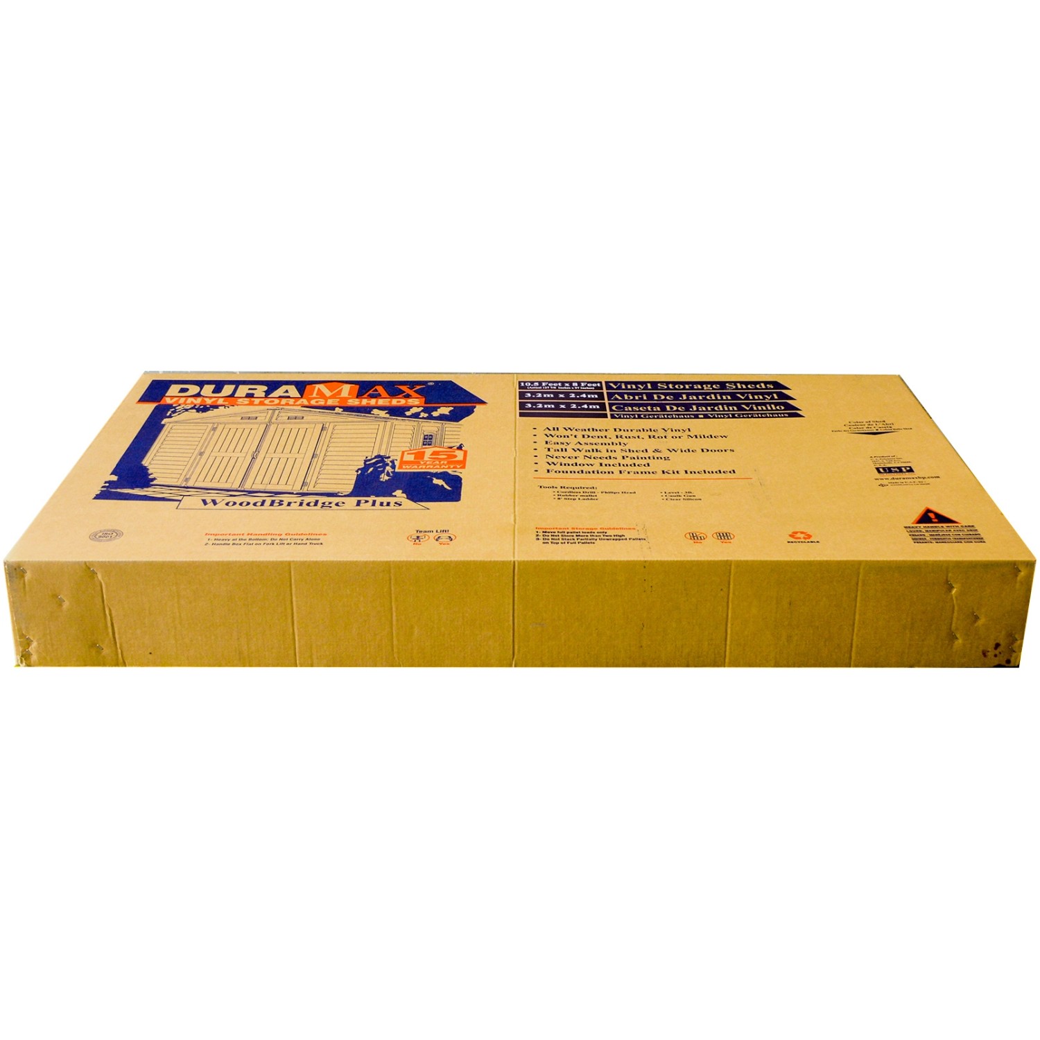 Verpackter Duramax Kunststoff-Geräteschuppen WoodBridge Plus 7,6 m².