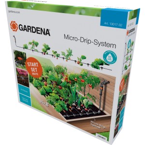 Verpackung des Gardena Micro-Drip-Systems für Hochbeete, Start-Set zur Bewässerung von Gemüse und Pflanzen.