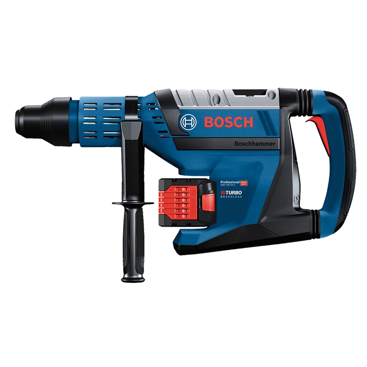 Bosch Professional Akku-Bohrhammer GBH 18V-45 C Solo, blau/schwarz mit Zusatzhandgriff.