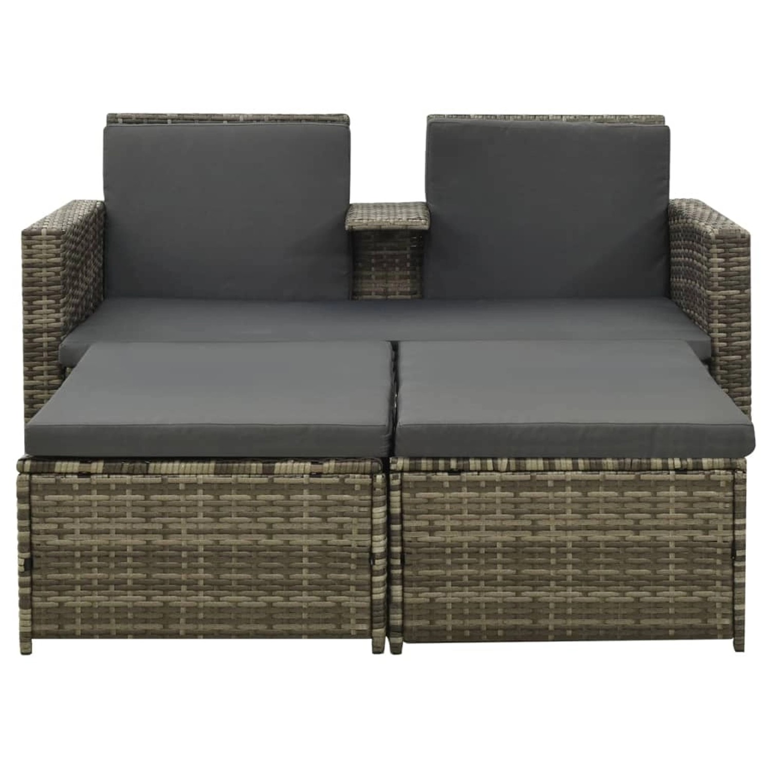 Graues 3-tlg. vidaXL Garten-Lounge-Set aus Rattan mit Auflagen und zwei Hockern.