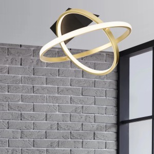 Moderne LED-Deckenleuchte Talia in Schwarz-Gold, 40 cm Durchmesser, mit verschlungenen Ringen.