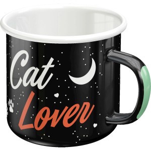 Schwarzer Emaille-Becher "Cat Lover" von Nostalgic-Art mit Katzenmotiv, ideal als Geschenk.