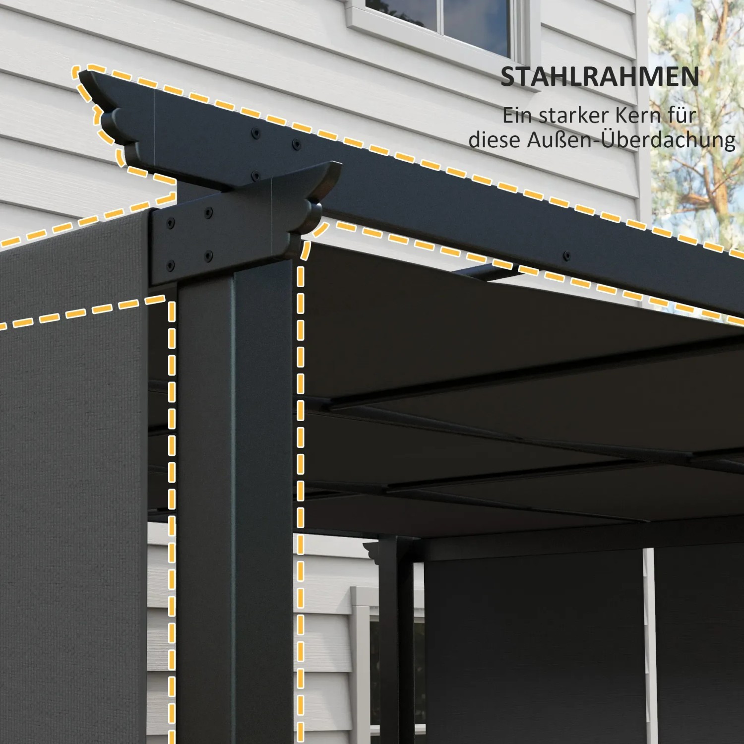 Detailaufnahme der dunkelgrauen Outsunny Pergola mit Stahlrahmen und Stoffdach. Markise für den Sonnenschutz.