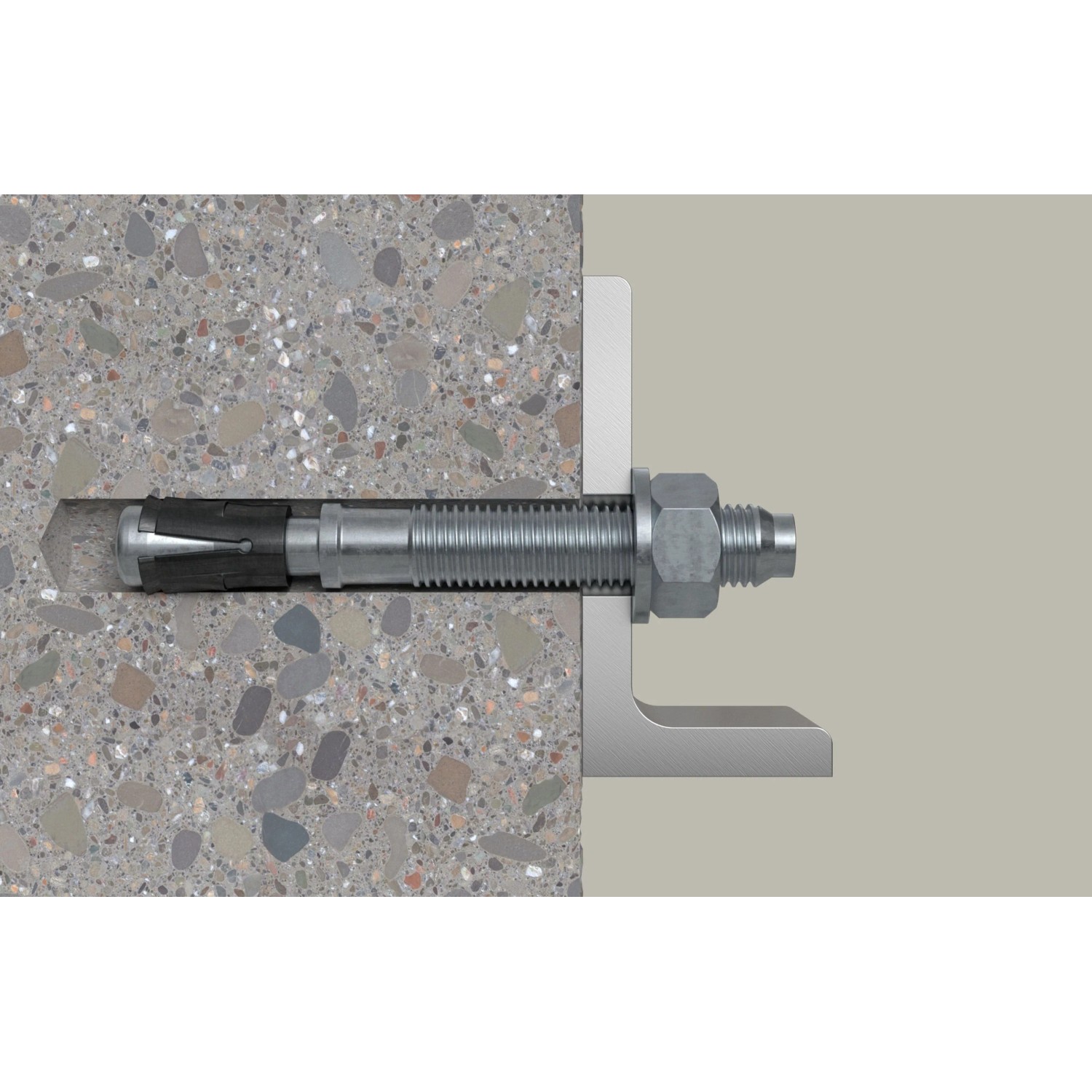 Fischer Bolzenanker FAZ II Plus 8/10 in Betonwand, befestigt eine L-Halterung. Robuster Dübel für sichere Montage.