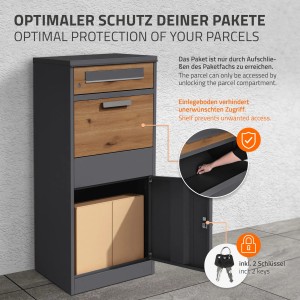 ML-Design Paketbriefkasten in Anthrazit-Eiche Optik mit Paket im Fach und Schlüsseln.
