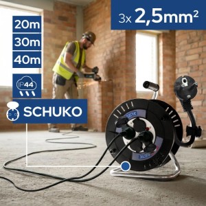 HOROZ Kabeltrommel 40 m IP44 mit 4 Schuko-Steckdosen 3 x 2,5 mm² für Garten und Baustelle