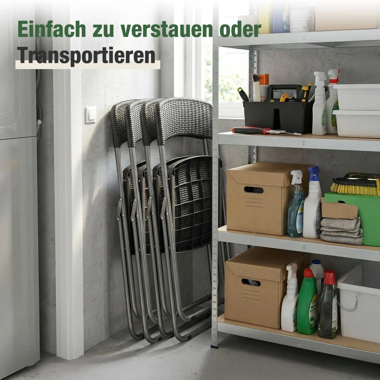 Sekey Rattan Gartenstuhl 6er Set, platzsparend zusammengeklappt.