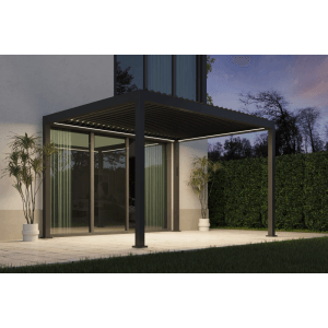 Moderne anthrazit E-Pergola 3x4m mit LED-Beleuchtung auf Terrasse. Verstellbare Aluminiumlamellen bieten Sonnenschutz.