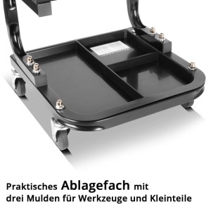 Detailaufnahme Werkstatthocker mit Ablage und Fächern für Werkzeug. Mobiler Werkzeug Organizer von STAHLWERK.