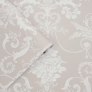 Laura Ashley Vliestapete Josette in Weiß und Taubengrau mit floralem Damastmuster.