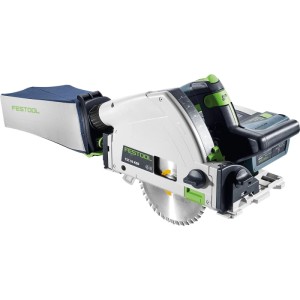 Festool Akku-Tauchsäge TSC55KEB-Basic, weiß-grün, mit ø 160 mm Sägeblatt und Staubfangbeutel.