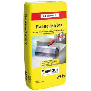 Sack Weber Plansteinkleber 25kg, Dünnbettmörtel für Porenbetonsteine, naturweiße Farbe.