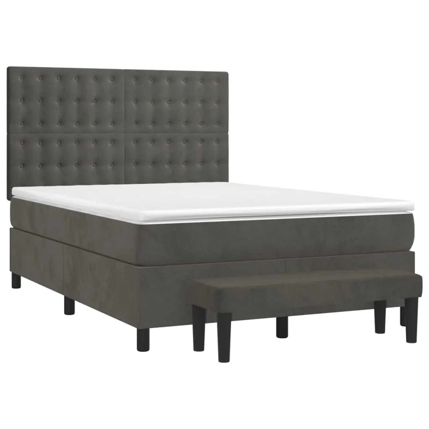 Dunkelgraues vidaXL Boxspringbett mit Matratze und Bank, Samtbezug.