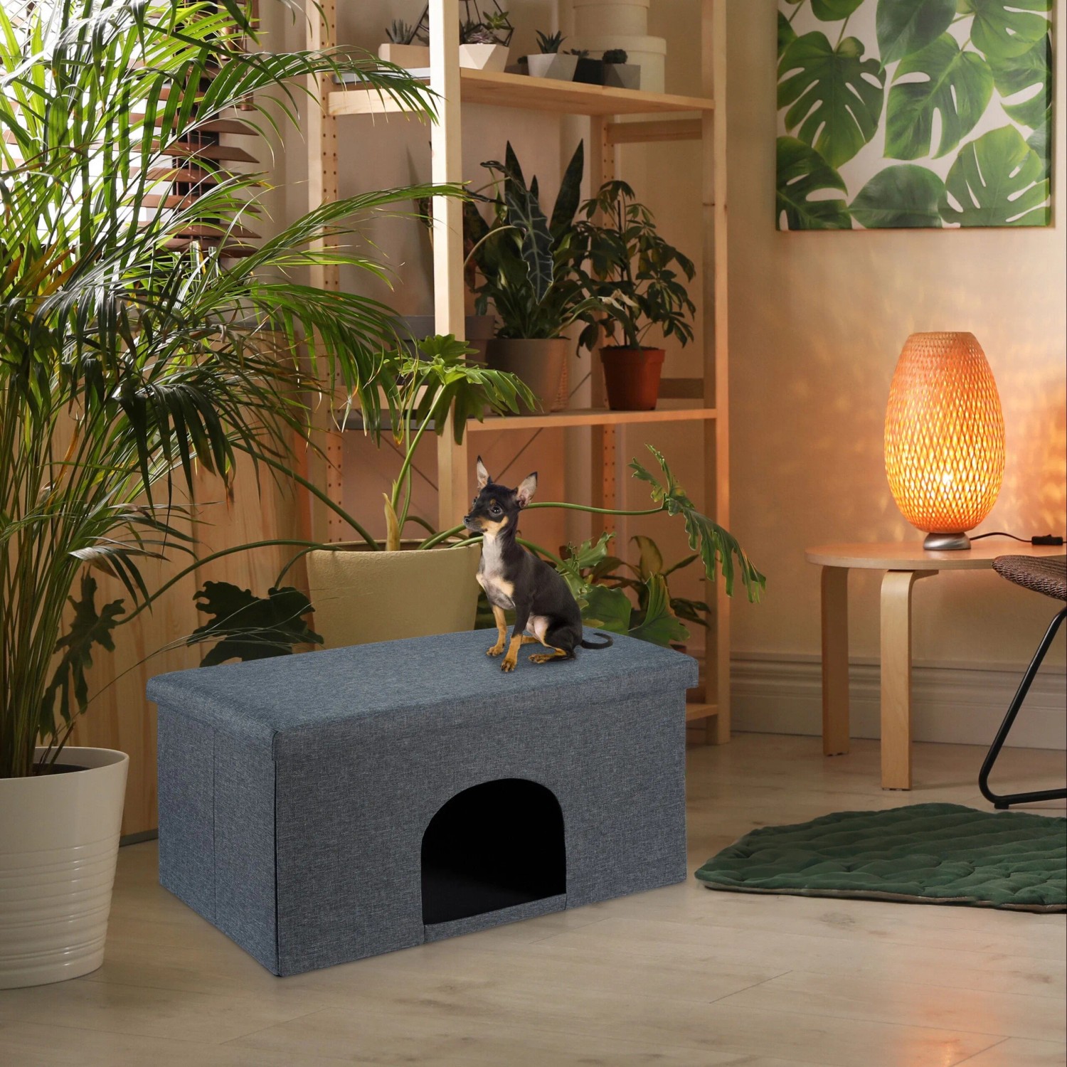 Graue Relaxdays Katzenhöhle mit Sitzauflage und kleinem Hund.