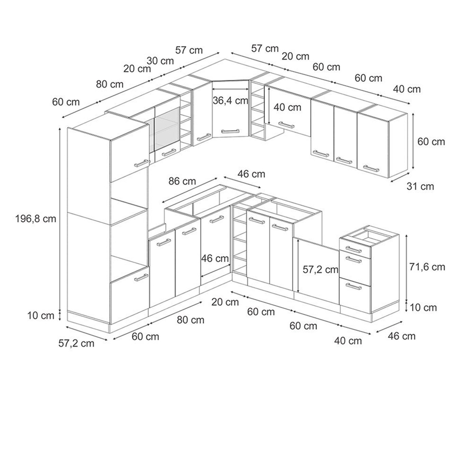 Skizze der anthrazitfarbenen Vicco R-Line Eckküche im Landhausstil, 237x60 cm, ohne Arbeitsplatte, mit Maßangaben.