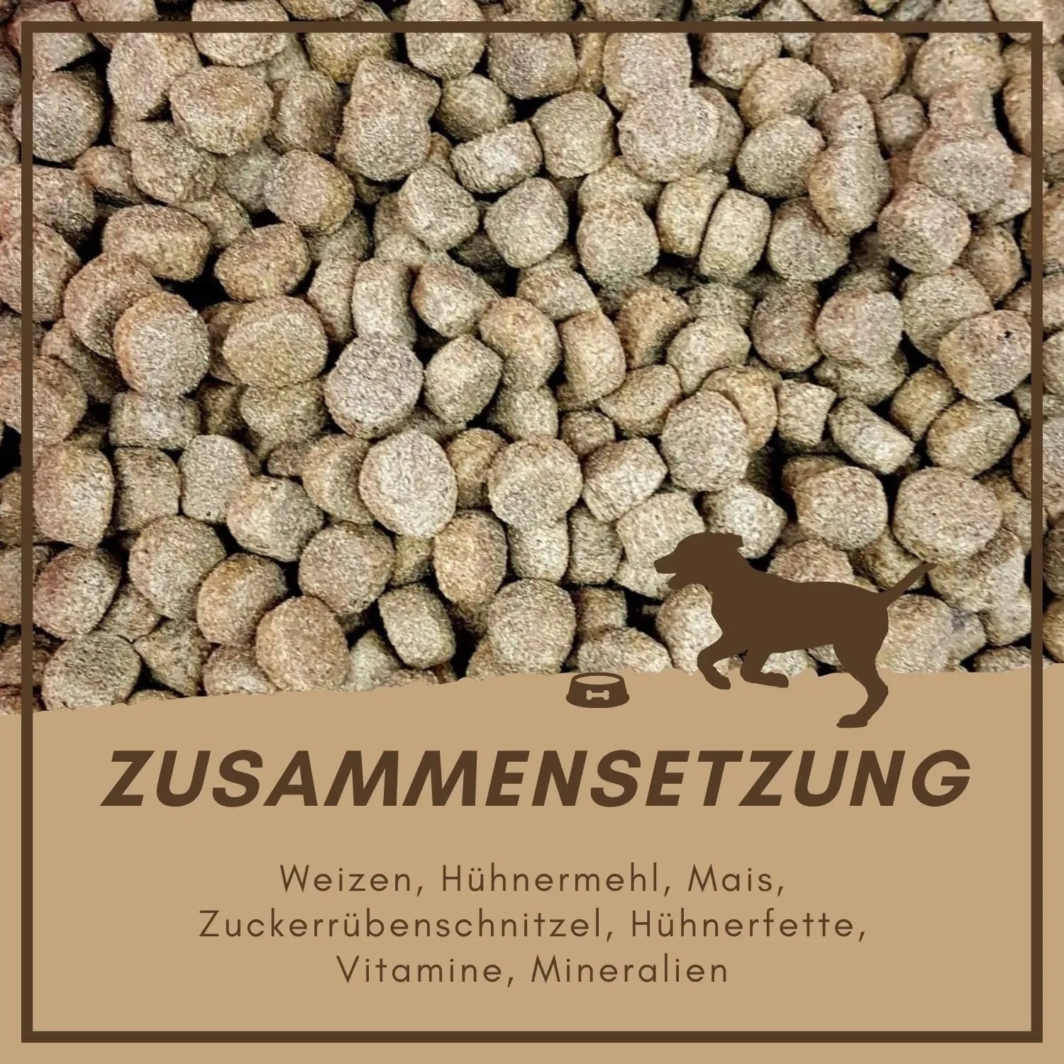 Supravit Hundetrockenfutter mit Huhn und Mais. Braune Kroketten, Hundesilhouette, Inhaltsstoffe wie Weizen.
