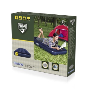 Verpackung eines Single-Luftbetts (185x76x22cm) von Bestway, ideal für Camping und Reisen.