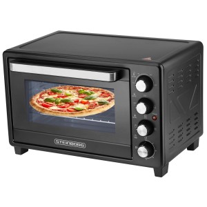 Schwarzer Steinborg Mini-Backofen SB-3013 mit Pizza im Garraum, 35 Liter, 1600 Watt.