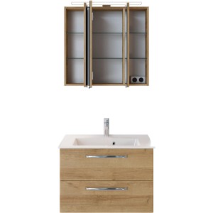 Pelipal Badmöbel-Set Trentino in Riviera Eiche, 77 cm breit, mit Waschbecken, Unterschrank und Spiegelschrank.