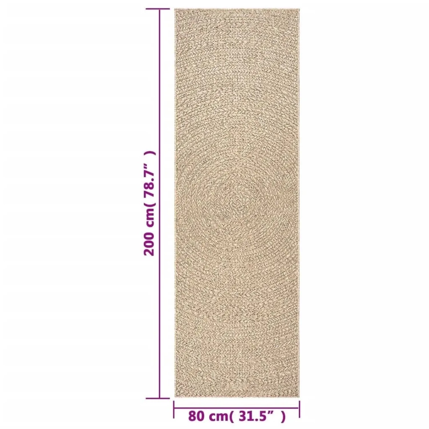 Rechteckiger Outdoor-Teppich ZIZUR 80x200 cm in Jute-Optik aus Polypropylen, beige, mit gewebter Struktur.