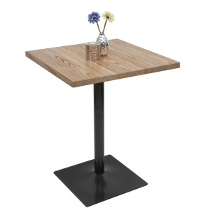 Quadratischer CHEFGASTRO Bistrotisch mit hellbrauner Ulmenholzplatte und schwarzem Metallgestell, ideal für Gastronomie.
