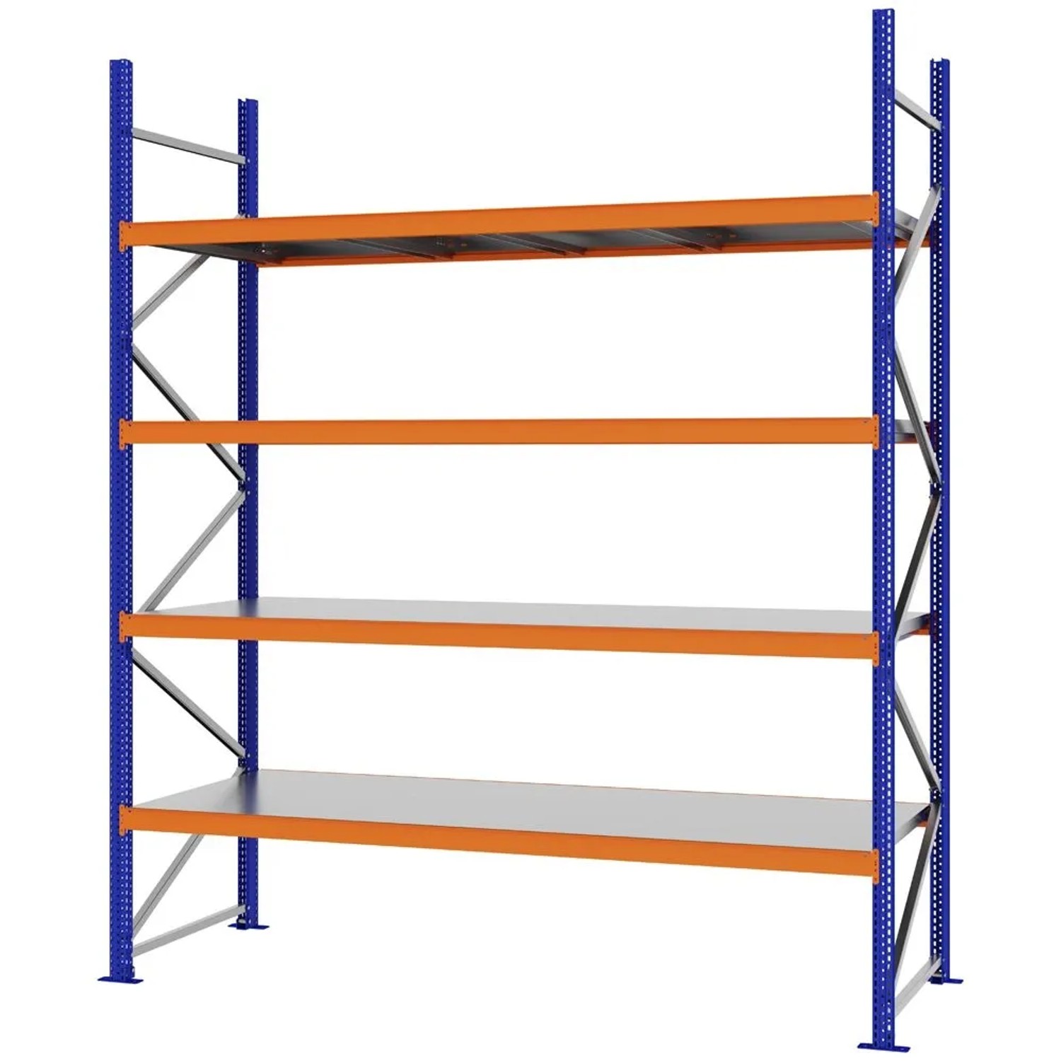 PROREGAL Weitspannregal Schraub-Stecksystem MAGNUS PRO Made In Germany Grundregal 300x250x80cm 4 Ebenen Stahlböden Fachlast 430kg Blau/Orange