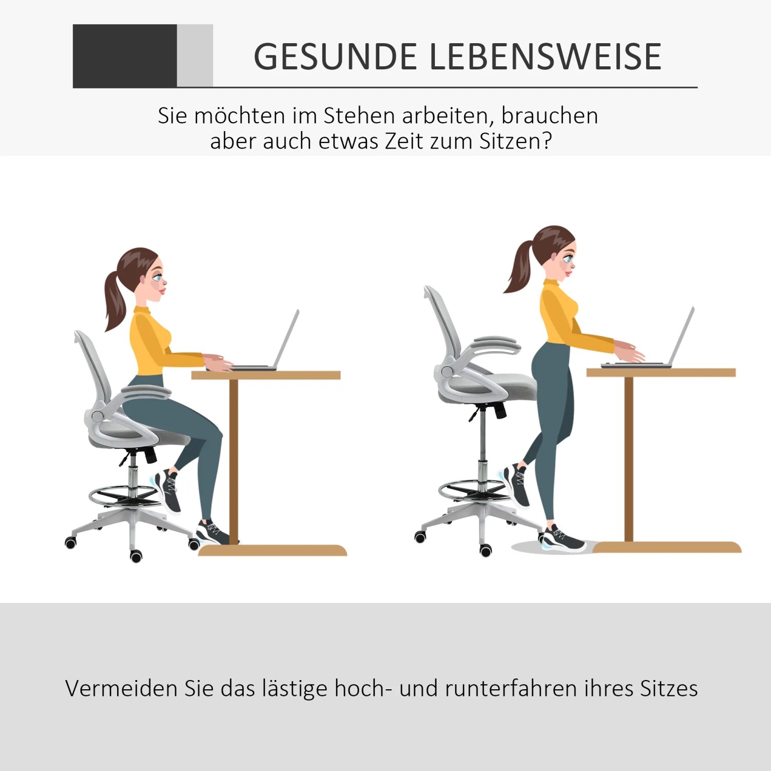 Illustration: Hellgrauer Vinsetto Bürostuhl mit Fußstütze in zwei Nutzungspositionen.