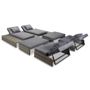Graues 5-tlg. vidaXL Garten-Lounge-Set aus Rattan mit Auflagen, bestehend aus Sonnenliege, Sofas und Ottomanen.