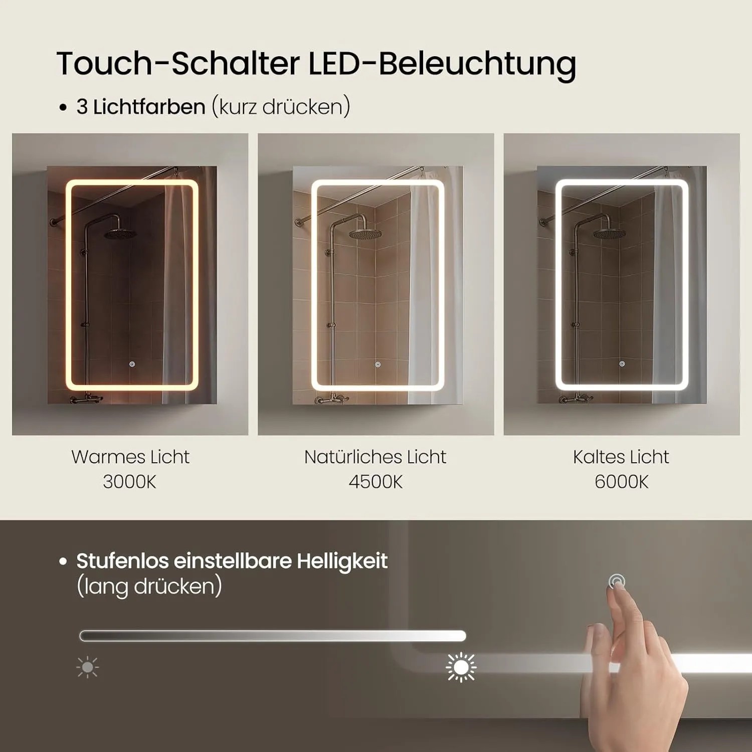 EUGAD Spiegelschrank mit LED-Beleuchtung in 3 Lichtfarben (warm, natürlich, kalt) und einstellbarer Helligkeit per Touch-Schalter.