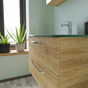 Pelipal Waschbeckenunterschrank Trentino in Riviera Eiche, 75 cm breit, mit zwei Schubladen und Softclose.