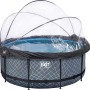 Grauer EXIT Stone Pool Ø360cm mit Sandfilterpumpe und Poolabdeckung.