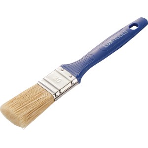 LUX Flachpinsel Lack, 30 mm breit, mit blauem Kunststoffgriff und Aufhängeöse.