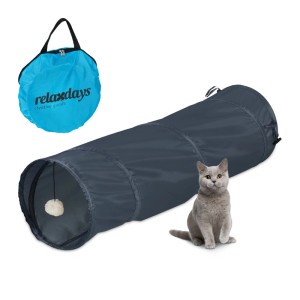 Relaxdays Katzentunnel mit Spielzeug Polyester Grau Faltbar 90 cm x 25 cm 190 g