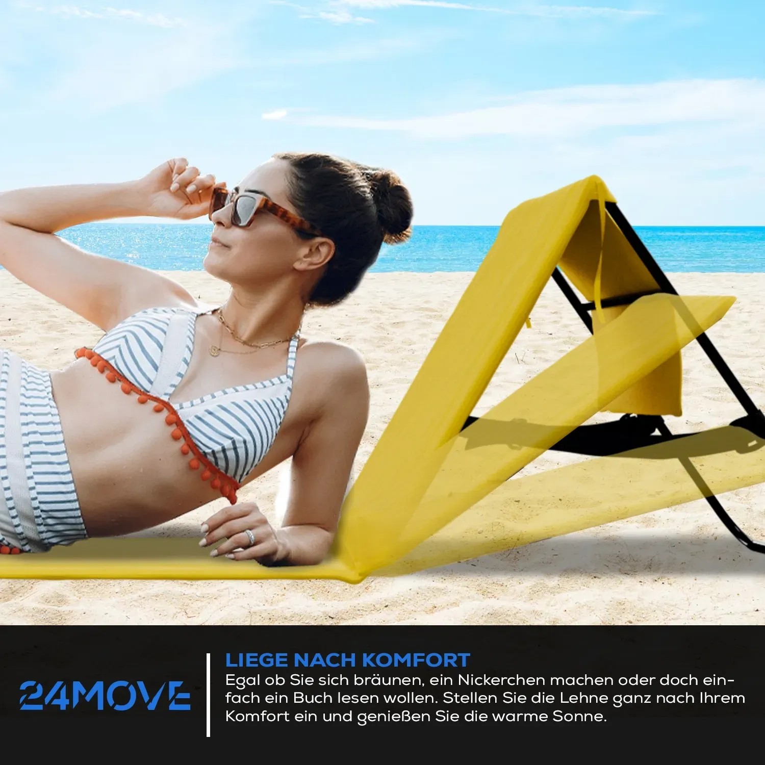 Gelbe 24MOVE Strandmatte mit Rückenlehne und Tasche am Strand.