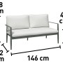 Zweisitzer der Loungegruppe Claremont: Stahlgestell in Grün-Grau mit cremeweißen Kissen und Maßangaben.