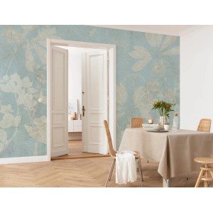 Komar Vliestapete Jardin sur Papier, 350x250 cm, florales Muster in Blau und Beige.