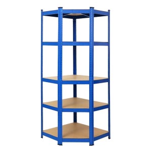 Blaues PROREGAL Eckregal Ragnar mit 5 Böden, ideal zur Ecknutzung als Schwerlastregal.