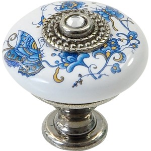 Siro Möbelknopf Keramik Altsilber-Weiß mit Strass, Ø 32mm, mit blauem Blumen- und Schmetterlingsdekor.