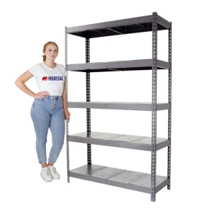 Graues PROREGAL Schwerlastregal Metal Yeti Five (200x150x75 cm) mit 5 Böden und Frau.