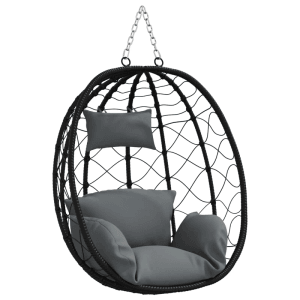 Anthrazitfarbener vidaXL Hängesessel Korb aus Polyrattan ohne Gestell mit Kissen und Ketten.