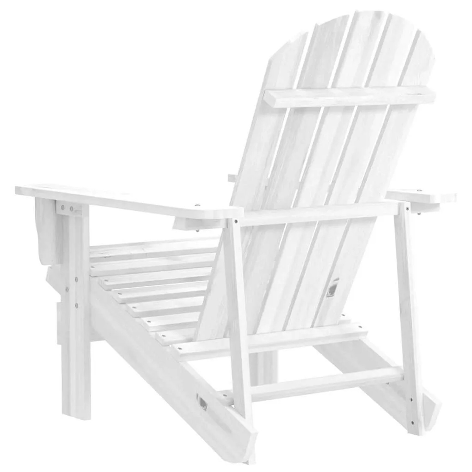 Weißer vidaXL Gartenstuhl aus Holz im Adirondack-Stil mit Lattenrückenlehne und breiten Armlehnen.
