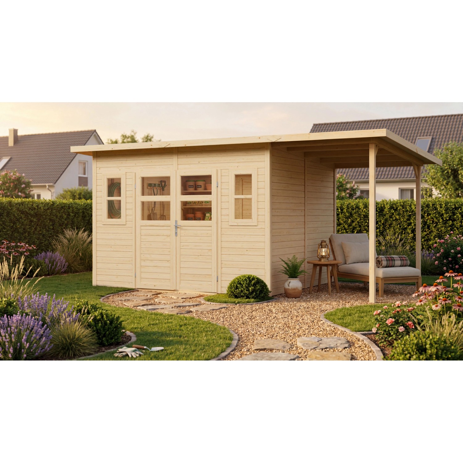 Bertilo Holz-Gartenhaus Felix 4 PLUS XL NATURAL Flachdach Unbehandelt