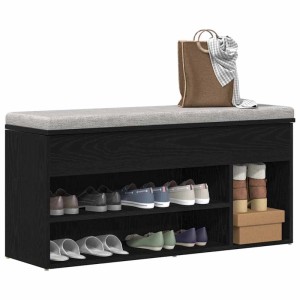 Schuhbank in Schwarz Eichen-Optik mit Sitzfläche und zwei Ablagefächern für Schuhe.