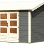 Terragraues Karibu Holz-Gartenhaus Timra mit Satteldach und Doppeltür. Gartenhaus aus lackiertem Holz.