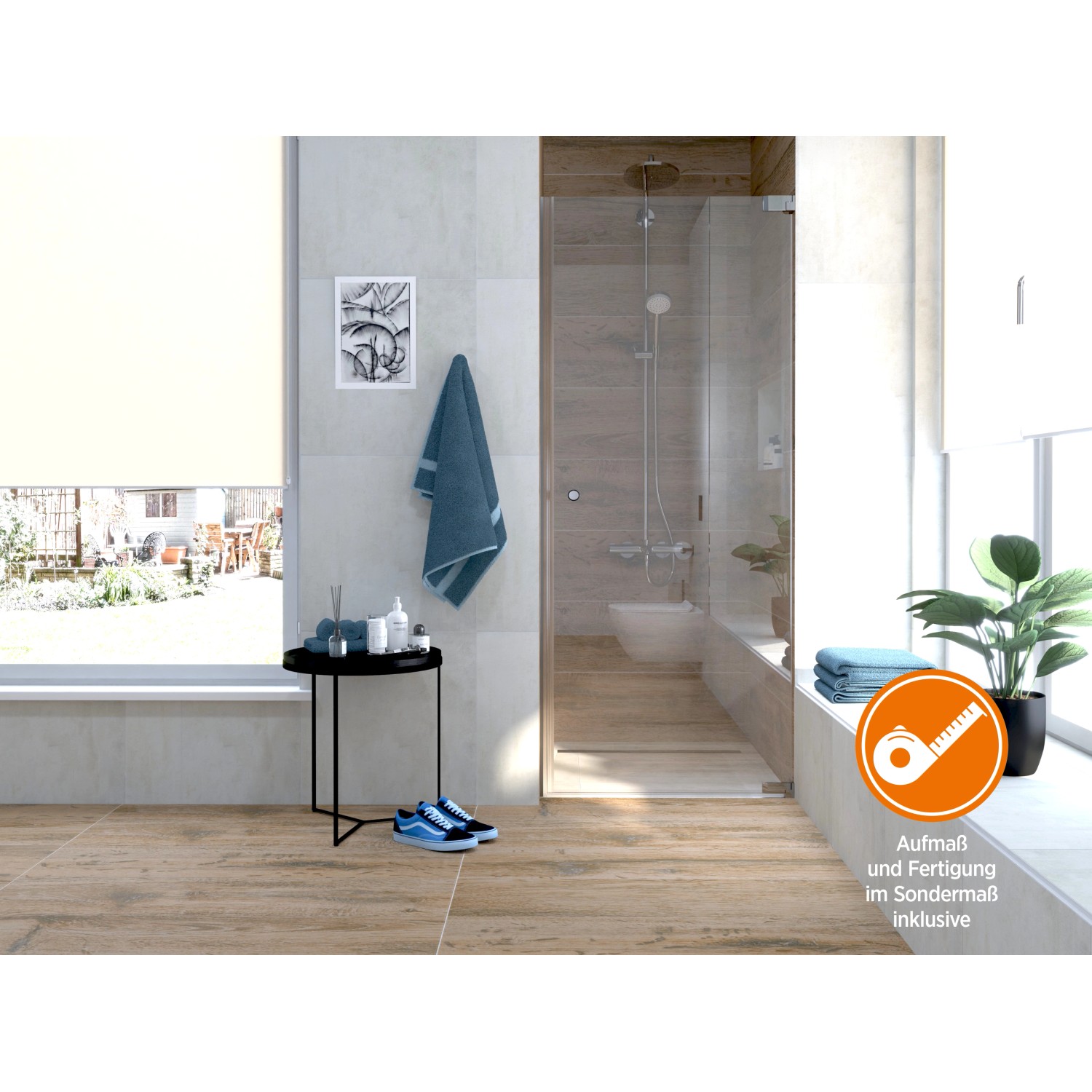 Badezimmer mit Dusch-Nischentür Brava Chrom, Sondermaßanfertigung mit Anschlag links.